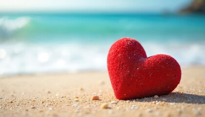 Fototapeta premium Vibrant red heart symbol resting on sandy beach with ocean backdrop. Love, romance, holiday vacation concept. Clear blue water, warm sunlight create peaceful, calm mood. Suitable for Valentine Day