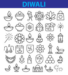 set of Diwali Icons, Indian Festival, Lights & Celebration Line Vector Pack