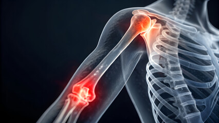 Illustration of a painful shoulder and arm with an xray view of the skeleton
