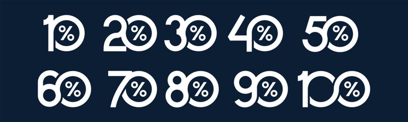 Set of collection discount sale labels white color vector illustration. Shopping discount amount with discount 10, 20, 30, 40, 50, 60, 70, 80, 90, 100%