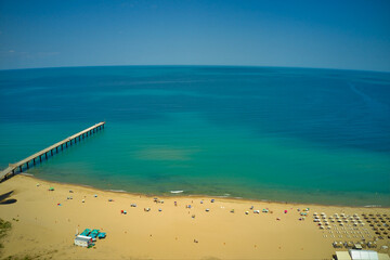 Sandy beaches and the blue Black Sea in summer, panoramic drone view. Shkorpilovtsi beach, Bulgaria.