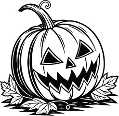 Spooky Halloween Jack-o'-lantern Illustration Black and White Pumpkin Design
