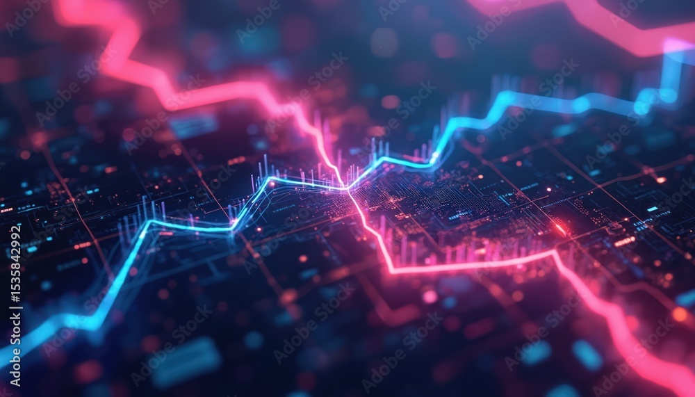 Poster Abstract digital data visualization on screen. Glowing neon lines, charts, graphs, code elements represent network information. Futuristic design with blue, pink, purple lights, representing