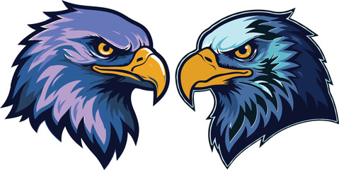 Fototapeta premium Bald Eagle Head Illustration: Two Eagle Heads in Profile Representing Team Mascots or Competitive Imagery Featuring Contrasting Colors and Aggressive Expressions on White Background and Vector Design