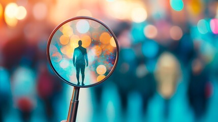 man holding magnifying glass with man in center