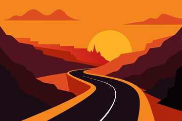 Desert highway winding towards sun-kissed mountains at sunset
