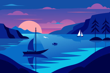 Naklejka premium A beautiful sailboat glides across the tranquil blue ocean at sunset, surrounded by a serene sky and distant mountains