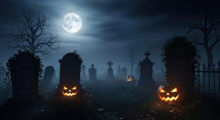 Spooky Halloween graveyard with glowing pumpkin lanterns, dark tombstones, and spooky trees under a full moon at night.