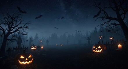 Jack o lantern in a mysterious halloween night scene with glowing pumpkins, bats, haunted trees and spooky silhouettes in the fog.