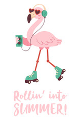 Cute cartoon flamingo on roller skates, listening to music with heart-shaped sunglasses and headphones.  