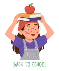Cute cartoon illustration of a happy schoolgirl balancing books and an apple on her head, 