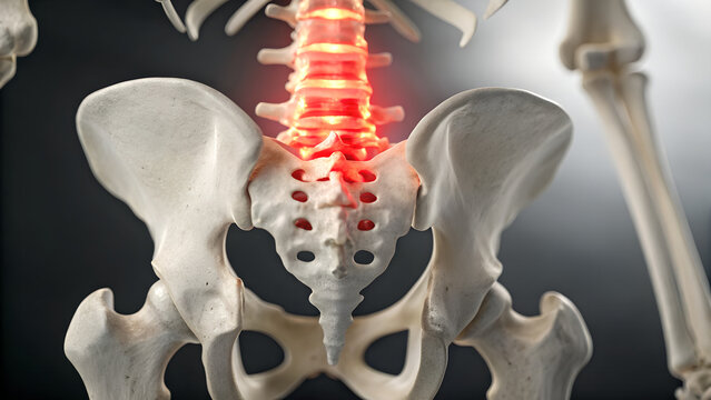 Human pelvis and spine anatomy with highlighted lumbar region showing pain