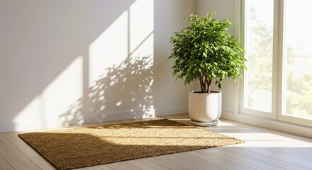 A minimalist room with a tall plant in the corner and a light rug: a backdrop for peace and comfort