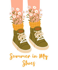 Whimsical illustration of legs in green sneakers and yellow socks with blooming wildflowers growing out of them.  