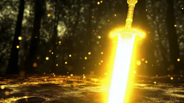 Illuminated sword in a forest setting