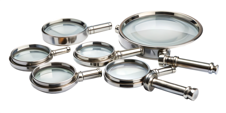  a set of chrome magnifying glasses or loupes long isolated on white background  PNG,AI GENERATED - Powered by Adobe