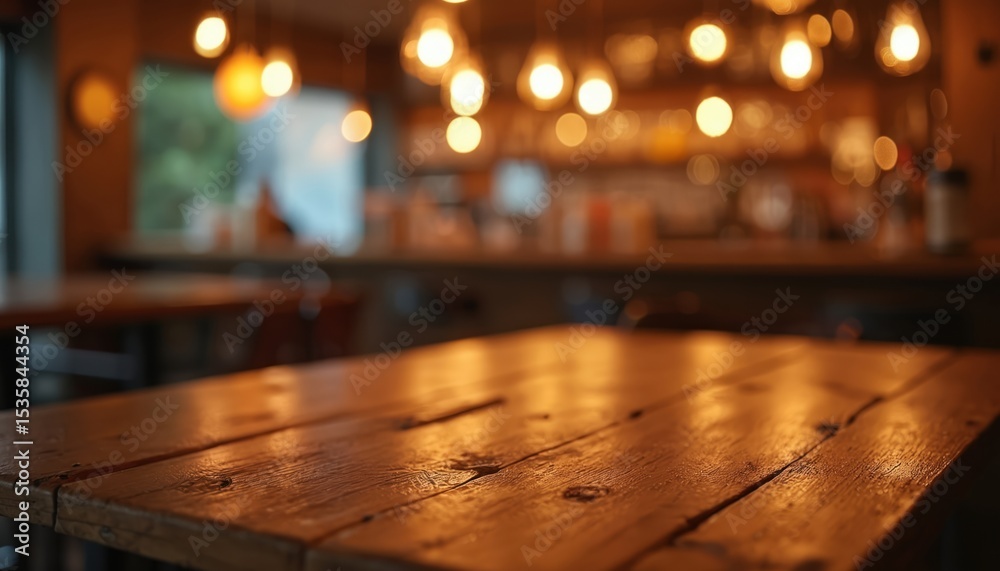 Poster rustic wooden table with bokeh lights in cafe restaurant. warm ambient lighting with blurred backgro
