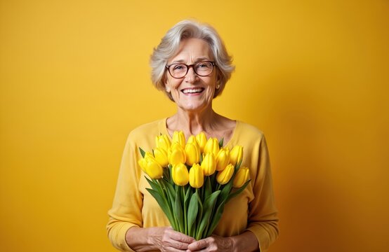 Smiling senior woman with yellow tulips. Cheerful elderly lady holding bouquet of spring flowers, wearing glasses. Happy old female celebrating holiday. Beautiful, attractive, smiling female, good