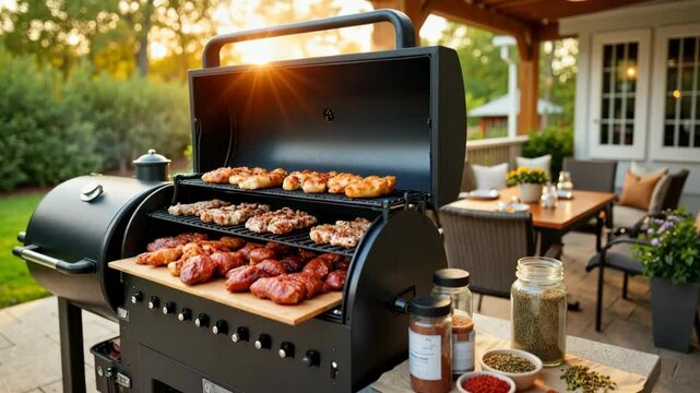 Smoked meats grilling on barbecue smoker. Delicious barbecue ribs, chicken, and steaks cooking on outdoor grill. Perfect smoked meat image for barbecue restaurant menu or video.