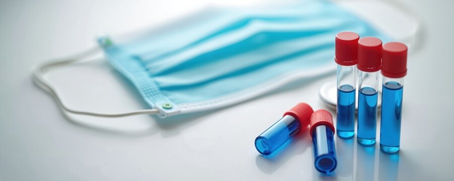 Medical concept photo with surgical face mask test tubes with blue liquid. Coronavirus COVID-19 pandemic, laboratory test tubes, vaccine research. Virus outbreak health crisis. - Powered by Adobe