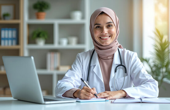 Cheerful Muslim female doctor wearing hijab, smiling during online consultation in modern office. Writing notes, using laptop, providing health advice to patient. Healthcare, telemedicine, diverse - Powered by Adobe