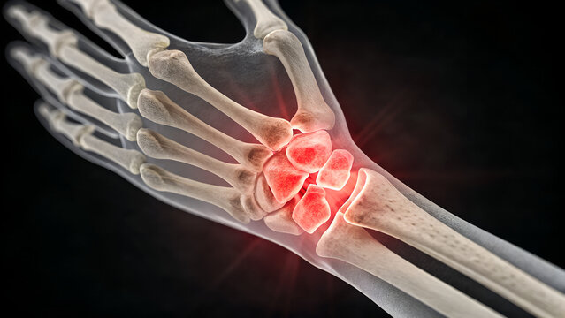 Human wrist bones are highlighted in red to show pain or inflammation