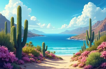 Stunning landscape featuring desert cacti against vibrant blue sky. Azure ocean meets sandy shore. Scenic desert scene combines with vibrant colors, creating serene vacation mood, travel destination.