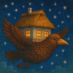 Fototapeta premium Ethnic House-Bird Under Starry Sky