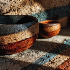 Handmade clay bowls with earthy stripes in sunlight