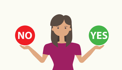 confused casual woman with hands making decision yes or no concept