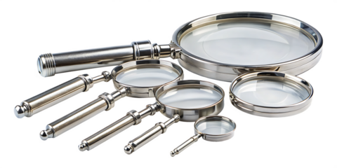  a set of chrome magnifying glasses or loupes long isolated on white background  PNG,AI GENERATED