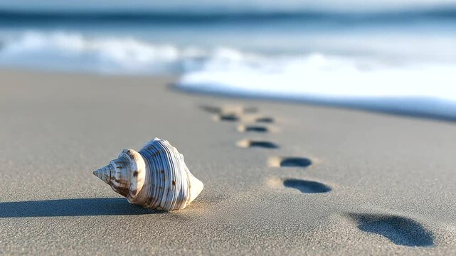 A seashell beside fading footprints on wet sand
