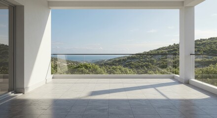 Mediterranean balcony featuring pale grey stone tiles and white stucco walls, evoking a clean, coastal architectural style.