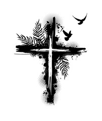 Christian cross monochrome with palm leaves and birds. He is risen hand drawn. Not AI, Vector