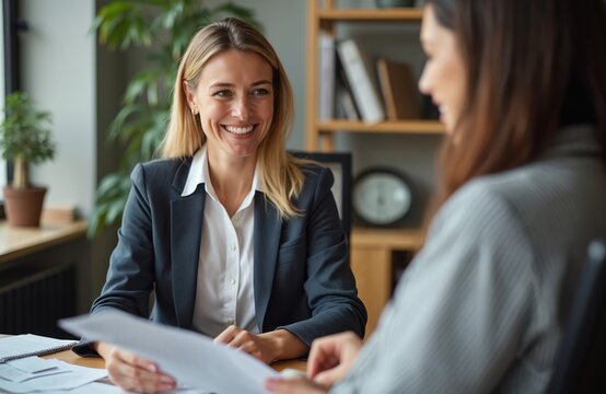 Smiling financial advisor consulting client at business meeting reviewing document. Female bank manager consults investor. Working office, planning taxes. Pro consultation. Legal advice.
