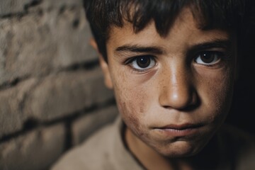 Portrait of war refugee child suffering from poverty and hunger