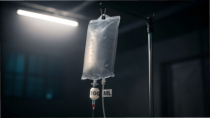 Intravenous drip bag hangs in a dimly lit hospital room for patient care
