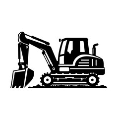 Naklejka premium Excavator Silhouette Icon – Black Vector Construction Vehicle with Articulated Arm and Bucket on White Background