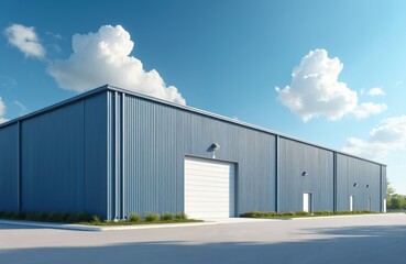 Modern industrial warehouse building illustration. Steel walls, commercial garage design. Blue sky, white clouds. Structure for business, real estate, storage, manufacturing, construction.