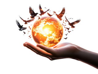 A diverse human hand cradles a glowing Earth, surrounded by a flock of birds, symbolizing hope and unity in nature.