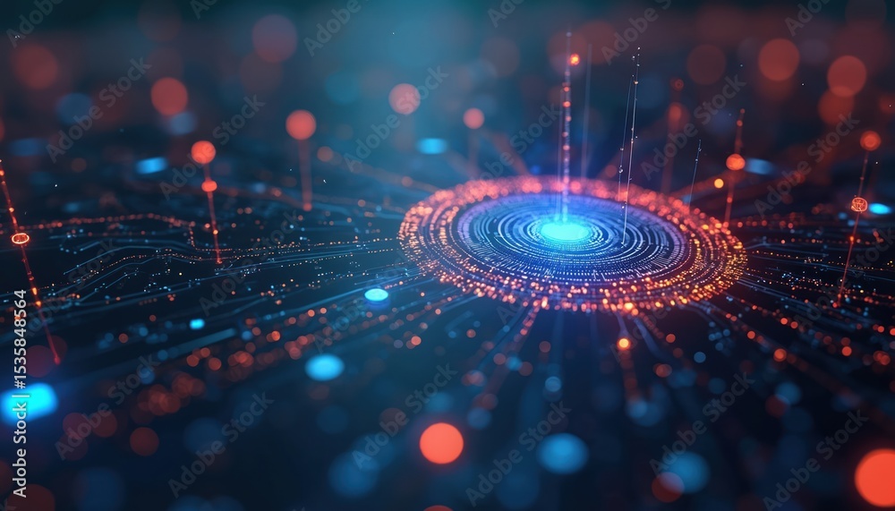 Poster Abstract tech concept with glowing cyber network, Web 3. 0 AI digital transformation. Modern innovative advanced technology with data flow, online connections, digital security and communication.