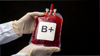 Gloved hands hold a bag of b positive blood for donation and transfusion