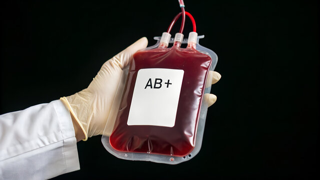 Gloved hand holds a bag of ab positive blood for medical use