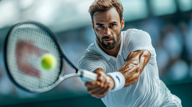 Male tennis player hitting a ball during match on indoor court  