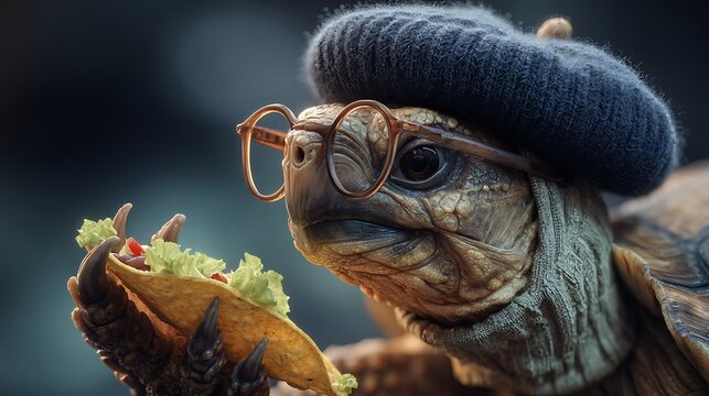 A turtle wearing a beret and half-moon glasses carefully holding a taco, lettuce falling out, shallow focus on its textured claws, rich color grading. - Powered by Adobe