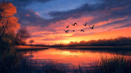 Obraz premium beautiful landscape with trees and birds