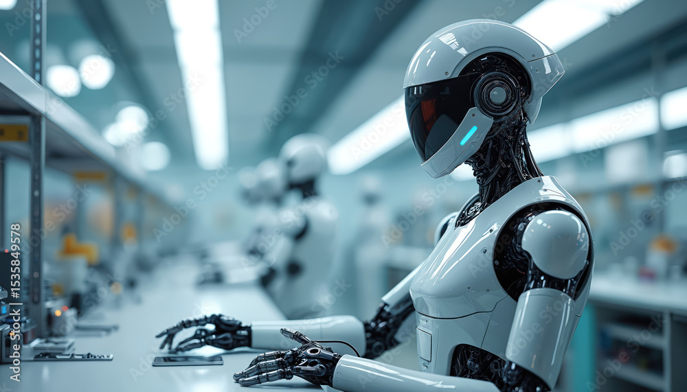 Poster Advanced robot android works in futuristic lab. Artificial intelligence tech, digital innovation, industrial system design, machine processing, engineering. Automation, futuristic development concept.