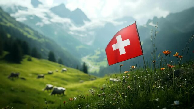 A vibrant Swiss flag flutters among colorful wildflowers in a picturesque Alpine landscape, symbolizing national pride and independence.