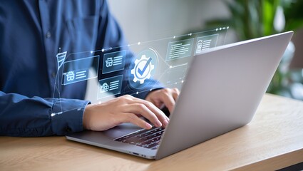 ISO certification and quality assurance, Businessman working with computer and tablet, Symbolizing compliance, Standards, Top service for product quality management. Businesses and companies.