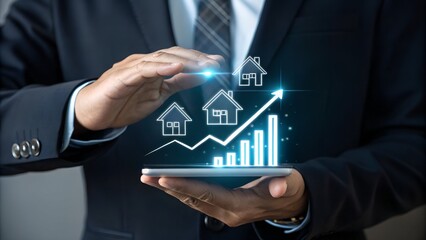 Businessman holding virtual graph showing real estate market growth. Perfect for financial, real estate, and investment presentations. Property market analysis concept